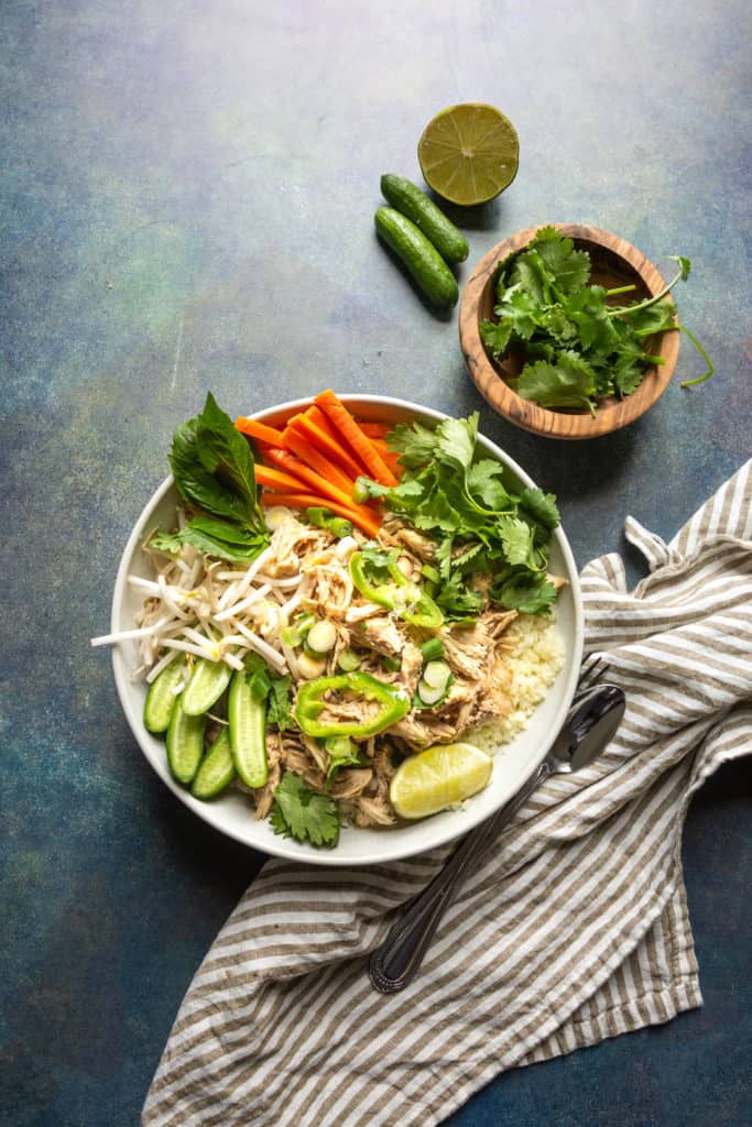 five spice chicken bowl with cucumber and carrots